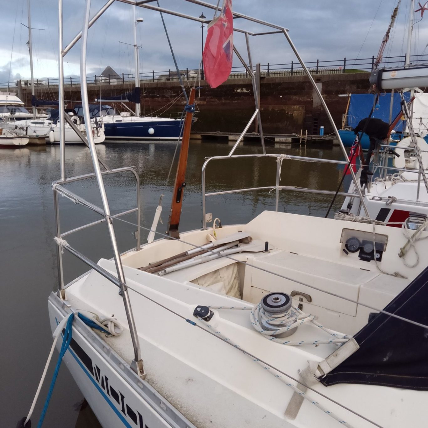 A stainless steel solar arch on the stern of a moody 31 yacht with the push pit modified so its all 1 piece
